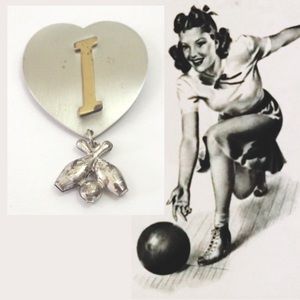 Vintage Heart Initial I Bowling Brooch Pin Novelty Steel “I”
